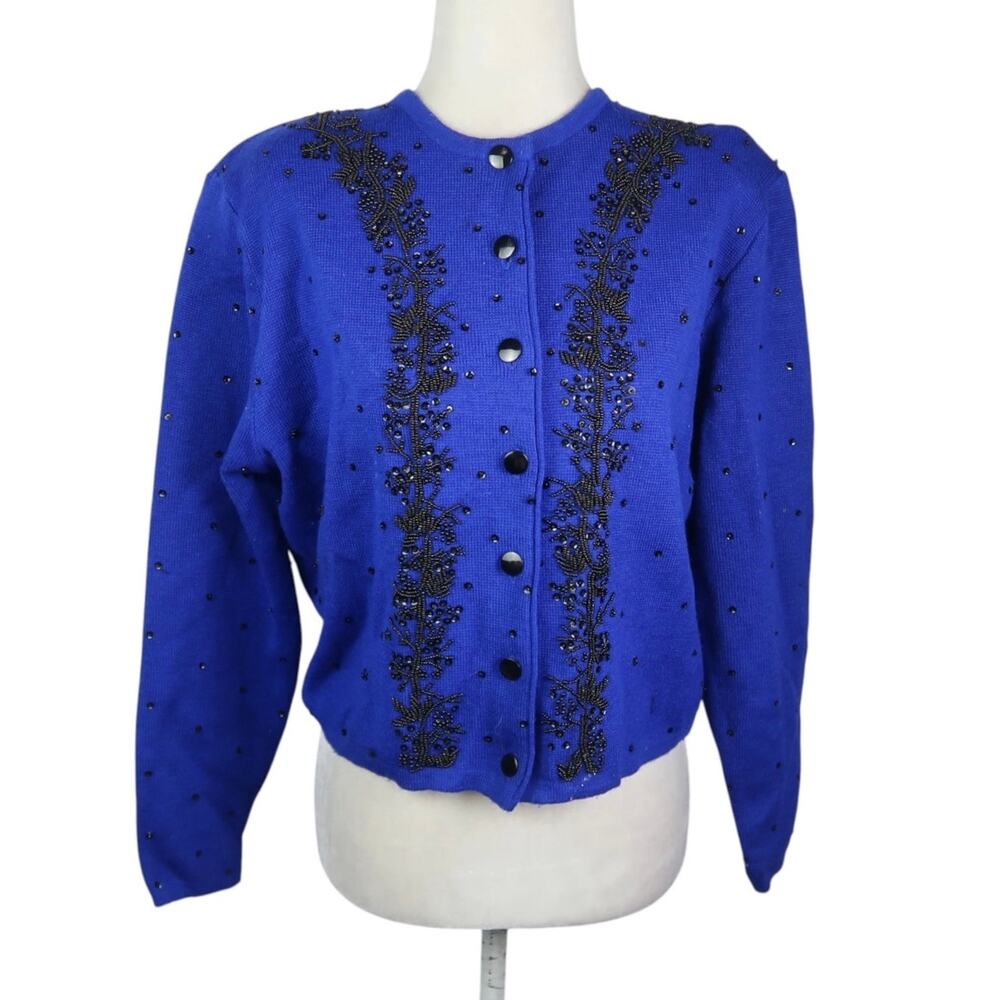 Vintage 90s Classiques Cobalt Blue Merino Wool Beaded Cardigan Sweater